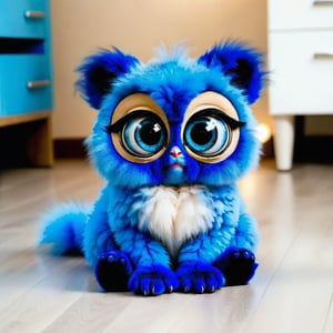 a big beautiful blue color animal, fluffy,big eyes, sitting on the floor,