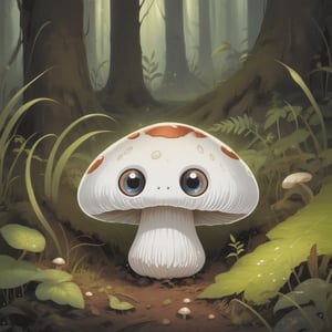 A WHITE MUSHROOM, with ears, big eyes, sits in the ground around the forest