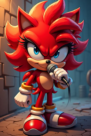 the girl is a red hedgehog, holding a microphone with her hands. stylization,hyperdetalization, comoposition