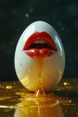 Close-up of a large chicken egg with a woman's full, lush lips painted in carmine, thick oil dripping from her mouth, spilling threads and drops onto a golden floor, dark environment, side lighting, high contrast, hard shadows, surrealism, slimy and oppressive feeling, well-balanced set, white and blue tones, hyper-detailed, hyper-realistic, 3Dly GOLD SHINE