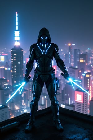 Go back
cyberpunk ninja, rooftop of skyscraper, dynamic pose, cybernetic suit with neon outlines, stealthy and agile, shimmering energy blades, glowing eyes under a high-tech hood, neo-Tokyo skyline, vivid city lights below, enhanced muscle structure visible, poised for action, atmospheric fog, cityscape illuminated by futuristic signage, 35mm, epitome of urban warrior, night sky backdrop with stars obscured by ambient city glow

