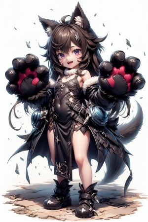 1girl, solo, long hair, looking at viewer, smile, open mouth, simple background, brown hair, gloves, white background, dress, animal ears, bare shoulders, standing, tail, full body, parted lips, black dress, fur trim, sleeveless dress, facial mark, short dress, white footwear, claws, wolf tail, animal hands, paw shoes, pelt








