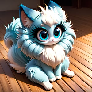 a big beautiful blue color animal, fluffy,big eyes, sitting on the floor,