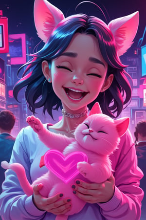 Digital art, by IrinaKapi.
Laughing girl with a pink cat in her hands, joy, happiness, laughter, best quality, masterpiece, concept art.neon style

