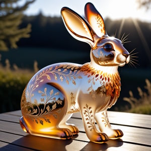 glass hare, with embedded gold patterns, glows in the sun