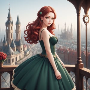 beautiful steampunk girl with long brown hair,against a city background,a beautiful girl with red hair, a beautiful face, a green dress with diamond inserts. shine of diamonds, stylization. many details"