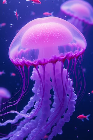 Pink and purple jellyfish gracefully swim with little fish in the seawater, creating a mystical, beautiful, and abstract scene.", Miki Asai Macro photography, close-up, hyper detailed, trending on artstation, sharp focus, studio photo, intricate details, highly detailed, by greg rutkowski