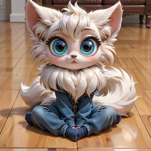 a big beautiful blue color animal, fluffy,big eyes, sitting on the floor,