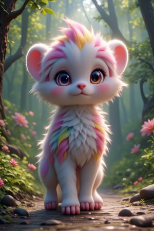 an antastic creature with soft rainbow fur, located in a magical forest