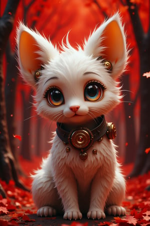 toy animal, fluffy, with big eyes, in steampunk style. against a red tree background