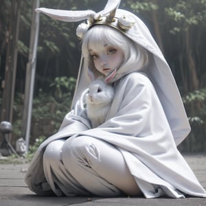 A white rabbit, fluffy, sitting on the ground,big eyes. in a metal robe