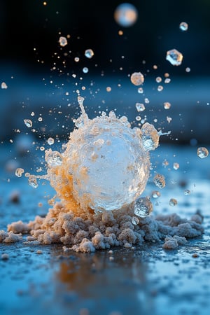 Extreme close-up of a small hailstone in the split second after it hits a hard surface. The hailstone is captured mid-break, with sharp ice fragments scattering in all directions. Some pieces are already airborne, trailing behind with very fine, clear motion blur that conveys a sense of speed. The impact point on the surface is slightly dented, adding to the feeling of force. The texture of the ice is highly detailed, showing splintered edges and tiny cracks, contrasting against the dark, wet surface below.