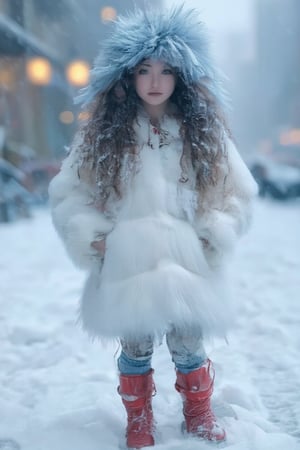 a beautiful girl,in a white fur coat,long curly hair, a blue fur hat on her head, in red boots,standing in the snow,it is snowing in the background.