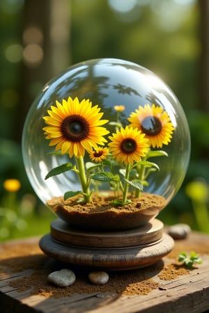 glass globe with a miniature sunflower farm inside