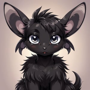 a beautiful animal, black in color, with big eyes,fluffy,long ears anime style