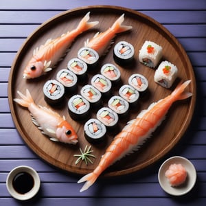 sushi rolls, lying on a wooden tray,the text is made of fish "bon appetit"