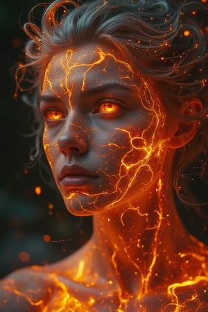 A surreal close-up of a human face where the skin appears to crack open like ceramic, revealing molten lava underneath. The cracks are glowing bright orange, and the person's eyes have an intense, fiery glow. The hair is a smoky gray, with embers flickering at the tips. The lighting is dramatic, casting harsh shadows that enhance the molten effect. The atmosphere is otherworldly and intense, with a burning, apocalyptic feel.  