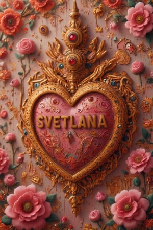 A 9D render of a logo illustration with the golden glossy words "SVETLANA" placed in a heart- shaped design. The heart is encrusted with gold and has a majestic, shimmering crown adorned with intricate gemstones. Swirling red and pink patterns surround the heart, and red, pink flowers bloom and bud throughout. The design is set against a muted pink background.