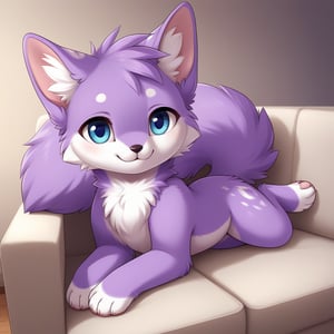 A PURPLE FLUFFY ANIMAL WITH BIG BLUE EYES SITS ON THE SOFA