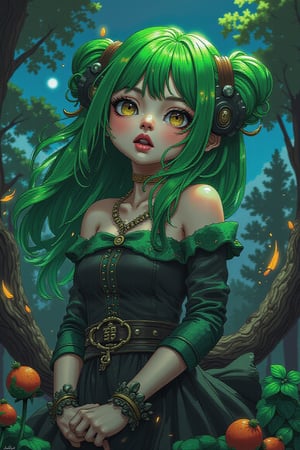 a beautiful girl, a beautiful face, with green hair, in the Gothic style, against the background of a gloomy forest.