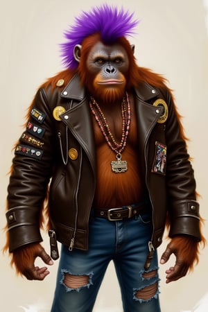 punk orangutan, purple mohawk on head, leather jacket with badges, ripped jeans