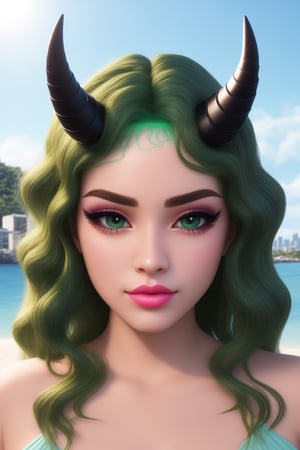 Beautiful green alien with green skin, looking at the camera, very long windy wavy blue glowing hair, three-quarter face, extra big beautiful eyes with black liner extra strong and extra ordinary very long eyelashes, charming look, slightly tilted head, small blue horns on the head, dark green complexion, silk peel, nice feeling, beautiful, supposed make-up, cosmetics, mascara, Pink lips. In the background is an aveniristic urban extraterrestrial city. bright. advertisement. extremely photorealistic.,3D MODEL,Beautiful Beach