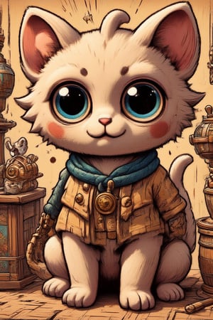 FLUFFY ANIMAL WITH BIG EYES, BLUE LEASH ON THE NECK, IN STEAM PUNK STYLE,