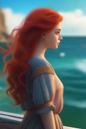 a beautiful girl with red hair looks at the sea. a lot of details, 8k, hyper-detailed ,v0ng44g