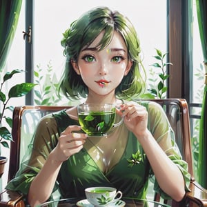 A beautiful girl with a beautiful face is sitting on a chair, holding a transparent glass with green tea inside. hyperdetalization,stylization,composition