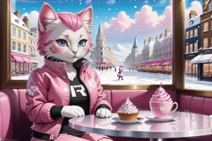 Pastel pink baby cat wearing glitter pink jacket sitting in a cafe , pink luxury cafe theme , window open with a london snowy view, realistic art, highly detailed , snow falling

,pkjes character,from pokemon
