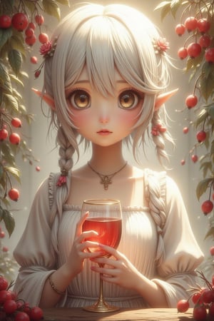 A beautiful girl with white hair.with beautiful hairpins in her hair, against the background of gooseberries, she holds a golden glass in which wine is poured