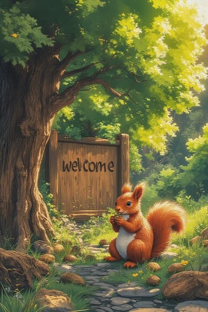 a beautiful squirrel, red in color, is sitting on the grass, holding a walnut in its paws, and there is an oak tree next to it. The text "welcome" is carved on the tree