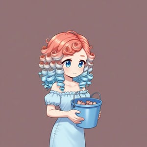 a beautiful girl with fiery red hair, curls, holds in her hands a blue bucket in which there are mushrooms