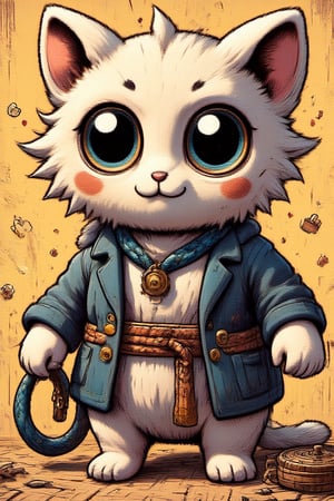 FLUFFY ANIMAL WITH BIG EYES, BLUE LEASH ON THE NECK, IN STEAM PUNK STYLE,