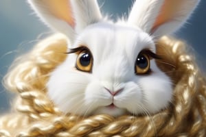 white rabbit, fluffy, with big eyes lots of wool,stylization,composition,bronze,composition,hyperdetalization gold shine

