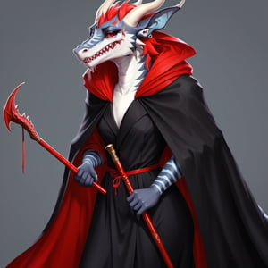 ANTHROPOMORPHIC dragon, red, beautiful face, wearing a long black cloak, holding a long cane. hyper-detail, stylization,shark