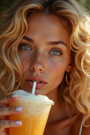 beautiful girl,beautiful face,golden hair curls, in latex. he drinks a coconut drink.stylization,composition,hyperdetalization,lots of details,close-up"