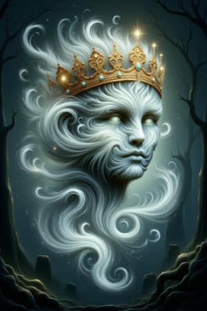 beautiful girl with white wavy hair, on her head a golden crown with diamonds, against the background of a gloomy forest