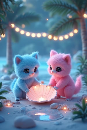 surreal, two absolutely cute fluffy (pink-blue) furries, creatures playing (with a large magic shell), white sand, sea, garland of lanterns, water, big eyes, sparkle, gentle evening in the tropics, shells, transparency, fractals of light, sumi-e Midjourney, palm trees, flowers, octane render, fairy tale, bokeh, neon lines + lumens, fireflies pearl highlights, realistic, hyperization, hdr