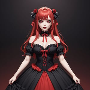 a beautiful informal girl, a freak, in Gothic clothes, a lot of patterns from a red ribbon on the dress
