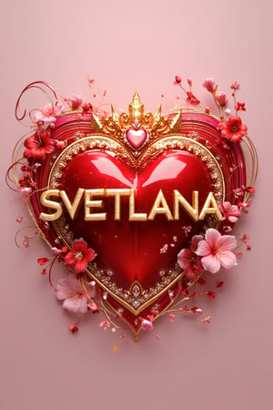 A 9D render of a logo illustration with the golden glossy words "SVETLANA" placed in a heart- shaped design. The heart is encrusted with gold and has a majestic, shimmering crown adorned with intricate gemstones. Swirling red and pink patterns surround the heart, and red, pink flowers bloom and bud throughout. The design is set against a muted pink background.