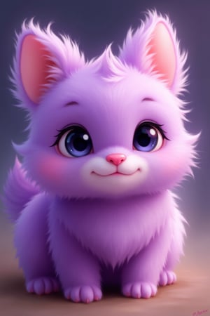 a cute fluffy animal with big eyes, long shaggy ears, purple-pink color