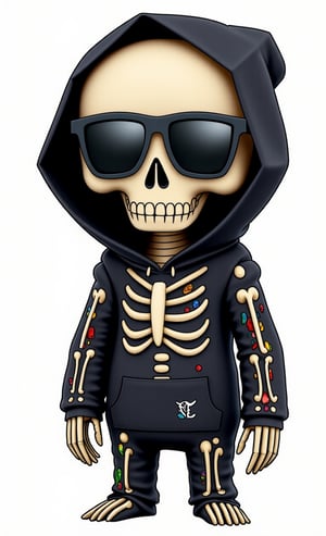 a cute stuffed Halloween character skeleton with tattoos wearing a ripped black hoodie and sun glasses, graffiti art by Hanna-Barbera, behance contest winner, lyco art, behance hd, 2d game art, official art, clear background