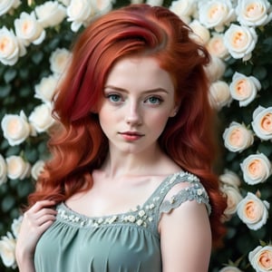 A beautiful girl with red hair in a green dress, with a lot of white roses in the background