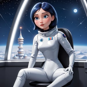 A beautiful girl with blue hair in a spacesuit, sitting on a chair, against the background of the night city. 16k,hyperdetalization,disney pixar style,Disney pixar style