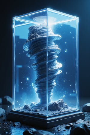 tornado comoletely contained within a transparent glass cube, intricate details, debries, 8k, hyperdetailed, cinematic, 3d render, photo