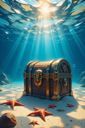 treasure chest, standing on the sand under water, many details, detailed picture, nearby crabs and starfish lie on the sand also under water, the sun's rays illuminate the water with bright tints