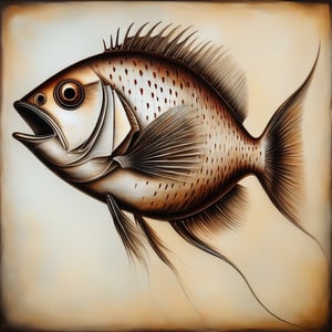 fish with big eyes and sharp teeth. steampunk style, oil painting