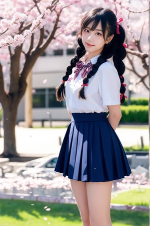 1girl, solo, looking at viewer, skirt, black hair, bow, Japanese high school girls sailor uniform, bowtie, twin braids,  outdoors, tree, cherry blossoms, realistic, photo background