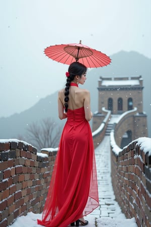 Instagram filter, a realistic photo, a Chinese beauty standing on the beacon tower of the Great Wall, wearing a traditional Chinese cheongsam, sleeveless, holding an oil paper umbrella in her hand, with snow falling in the sky, and gound covered by snow.